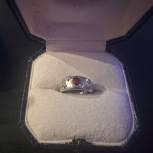 14k white gold ring with ruby and diamond star details-5.4 grams, size 4.75